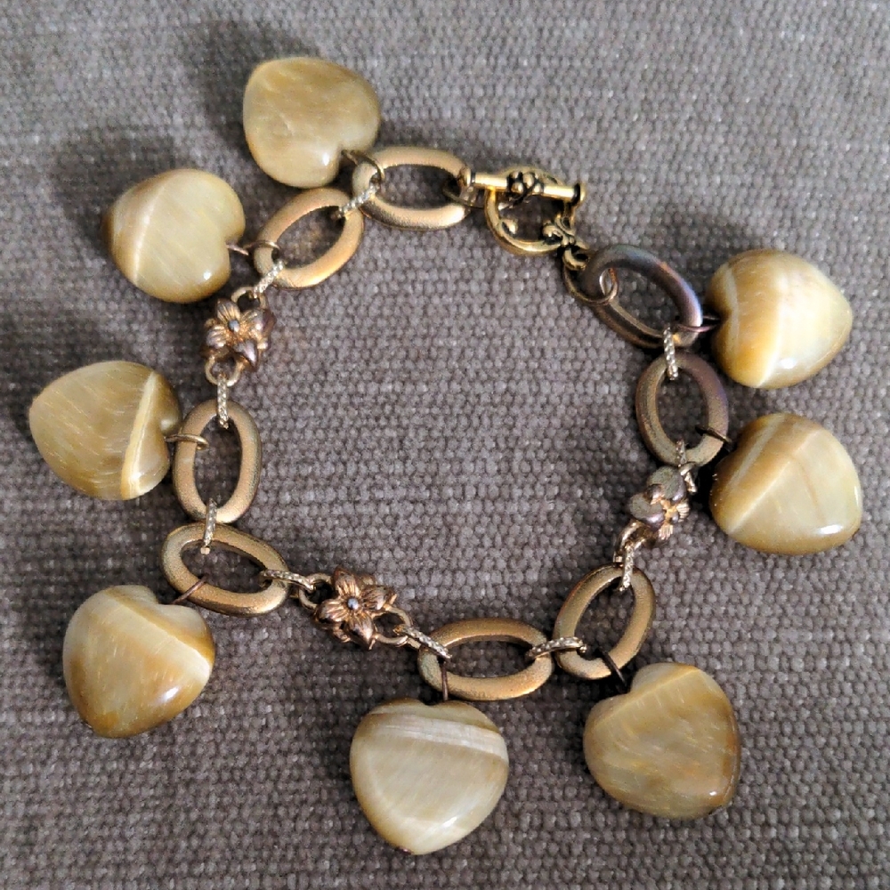 Gold Tiger Eye Heart Charm Gemstone Bracelet, Vintage, 7 1/4" Toggle Clasp, - Picture 3 of 7